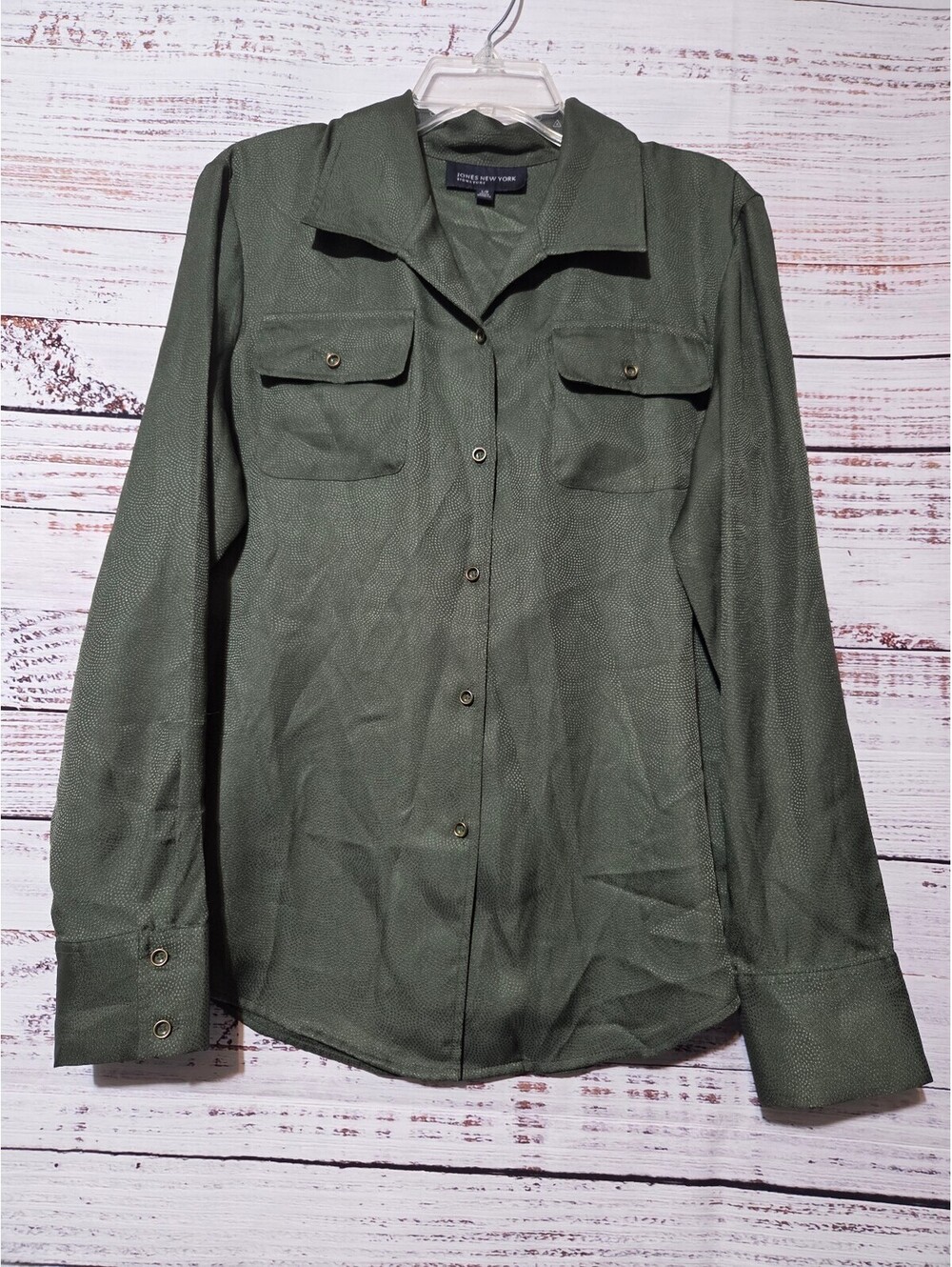 Jones New York Signature Olive Green Long Sleeve Button-Up Shirt Large
